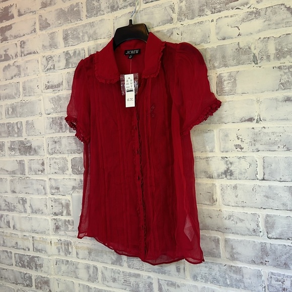 J.Crew Women’s Sheer Lace-Trim Button Up Shirt Short Sleeves Red NWT Sz 00 CD018 - Picture 3 of 9